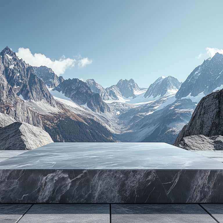 Marble platform with a view of snow-capped mountains under a clear blue sky.