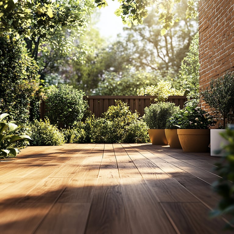 A sunlit wooden patio with potted plants and lush greenery surrounding it, adjacent to a brick wall.