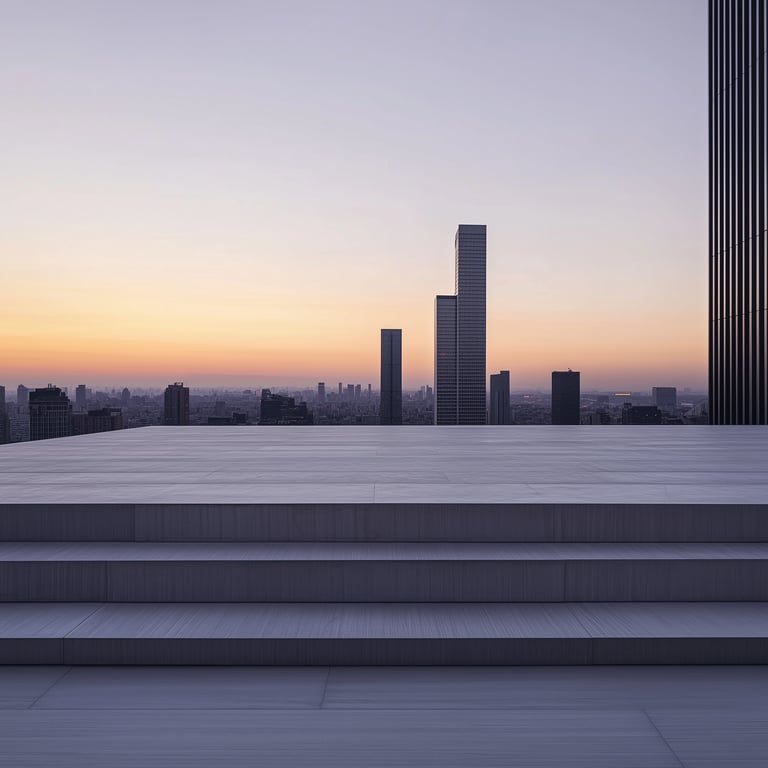 Rooftop with steps overlooking a city skyline at sunset.