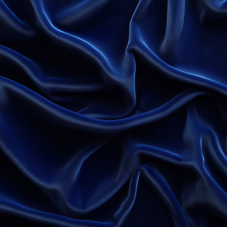 Deep blue, wavy satin fabric with soft folds and smooth texture.