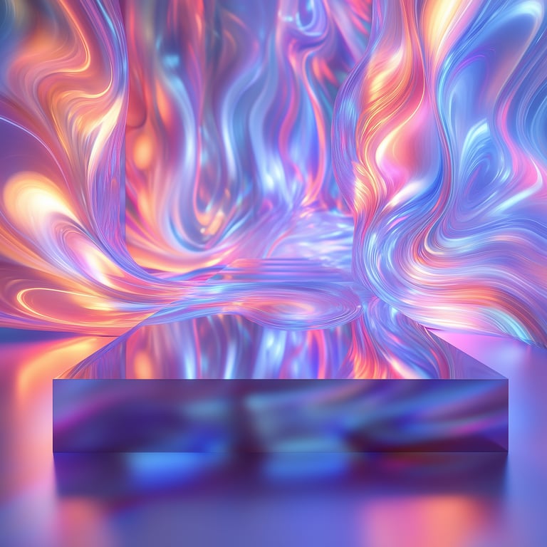 Abstract scene with colorful, flowing, and swirled light patterns in shades of blue, purple, pink, and orange surrounding a reflective rectangular platform.