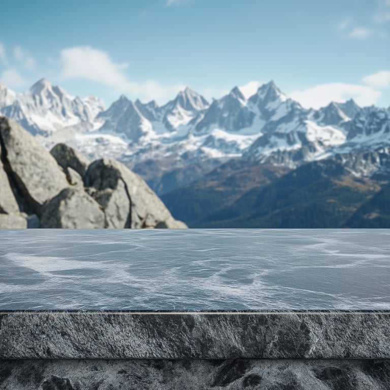 Stone platform with a blurred background of snow-capped mountains.