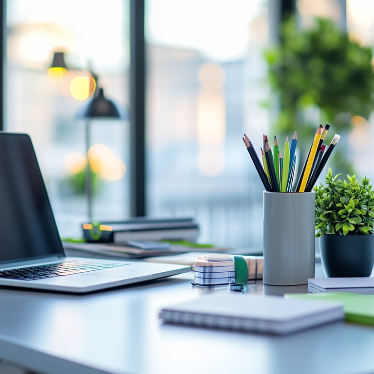 A modern desk with a laptop, notebooks, a cup holding colored pencils, and a small potted plant.