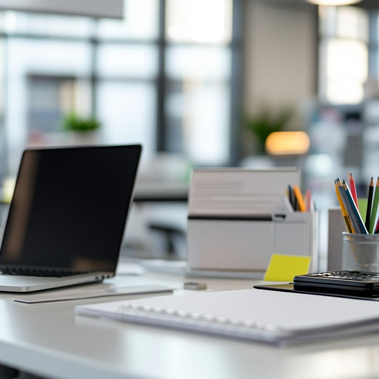 Modern office workspace with a laptop, notebook, pens, and a calculator on a white desk.