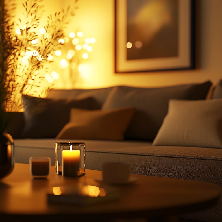 Cozy living room with a lit candle on a coffee table, a sofa, soft pillows, and warm ambient lighting.
