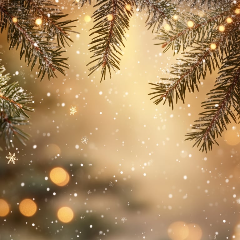 Snow-covered pine branches with warm, glowing lights and a blurred golden background.