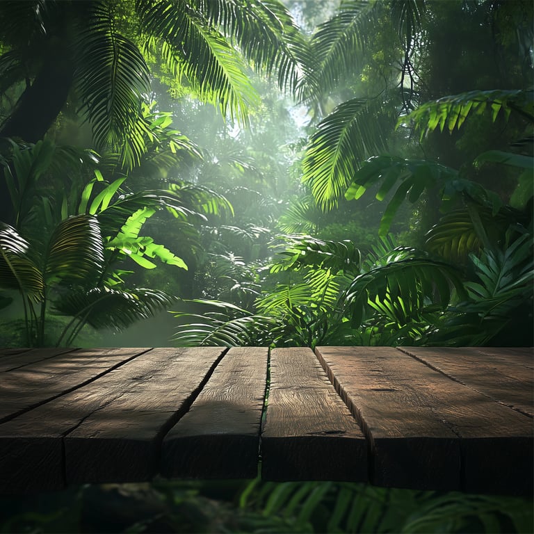 Wooden deck in a lush, sunlit jungle with dense green foliage.