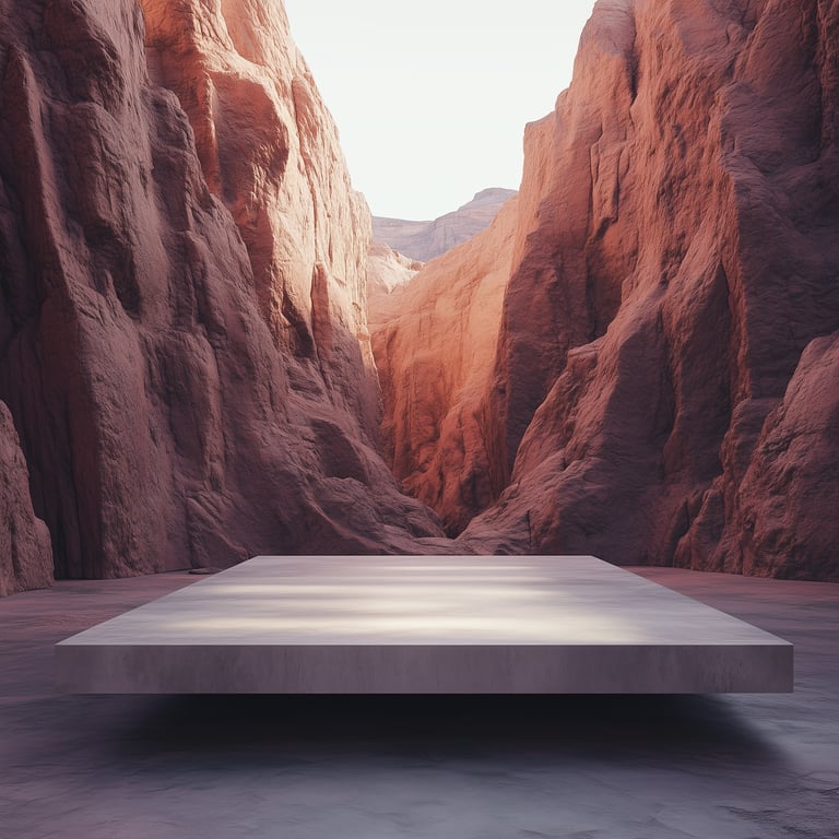 A minimalist concrete platform situated between towering orange rock formations in a canyon.