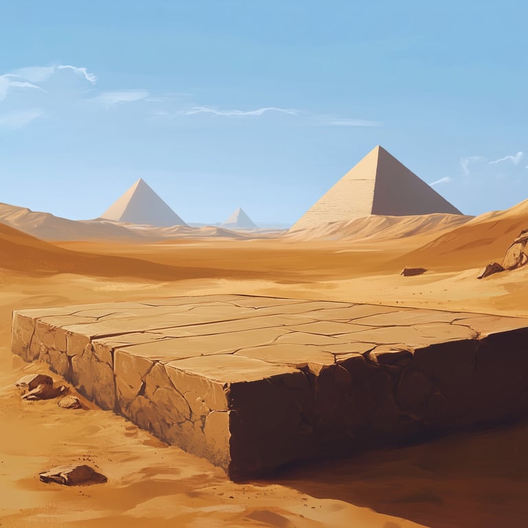 A desert scene with three pyramids in the background and a large, rectangular stone slab in the foreground.