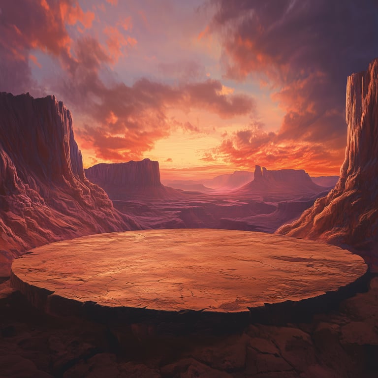 A large circular stone platform surrounded by dramatic canyon cliffs at sunset.