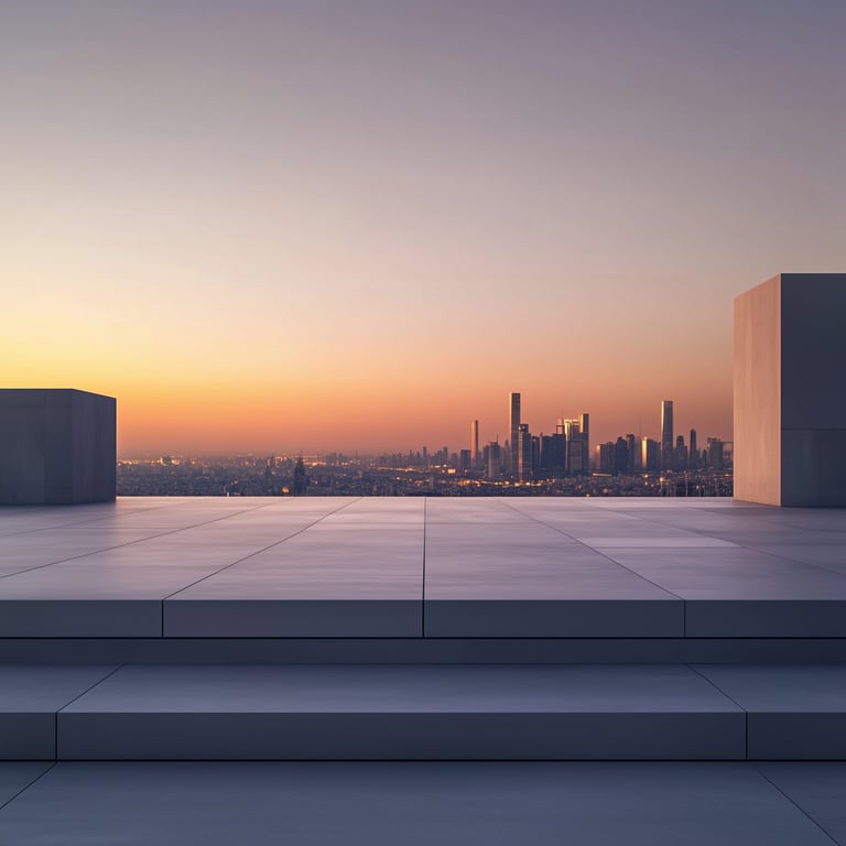 Minimalist rooftop terrace with city skyline at sunset.
