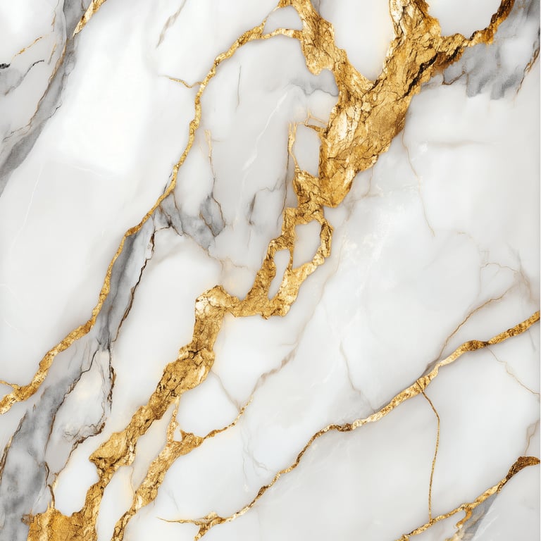 White marble surface with gold and gray veining.