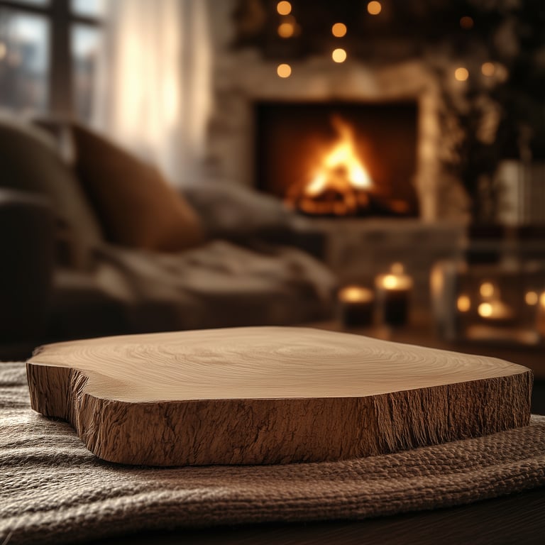 A wooden slab rests on a knitted fabric in a cozy living room with a fireplace and warm lighting in the background.