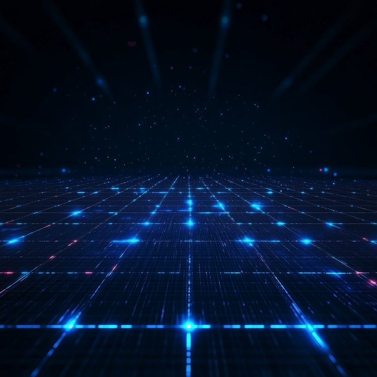 A glowing blue grid with abstract light patterns against a dark background.