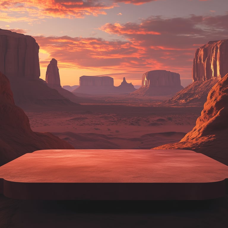 Desert landscape with rock formations at sunset, featuring a flat stone platform in the foreground.