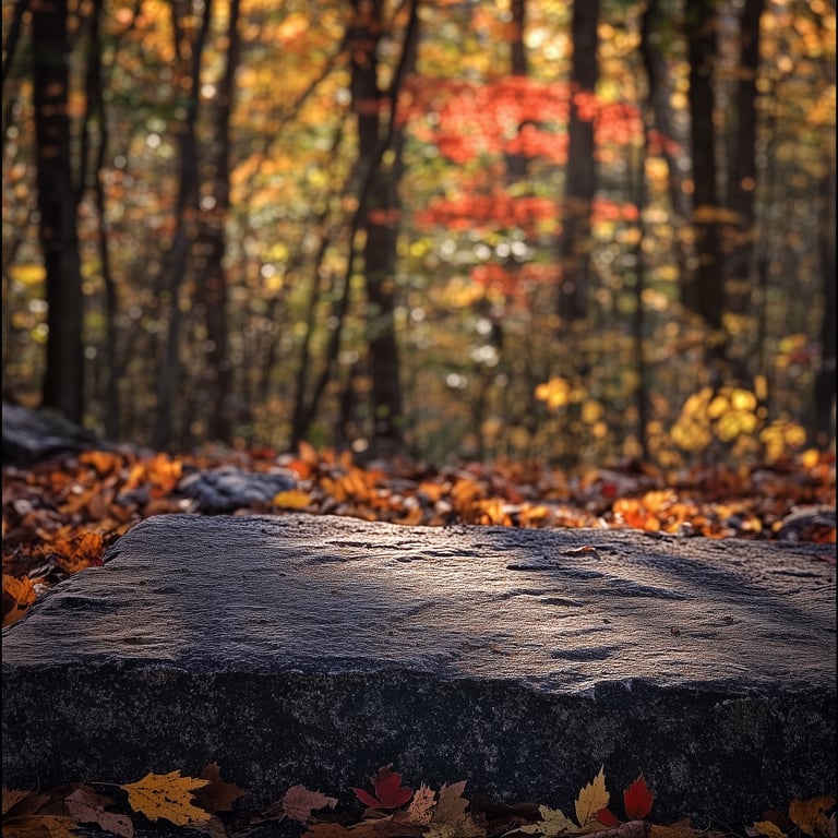 A flat rock surrounded by colorful autumn leaves in a forest.