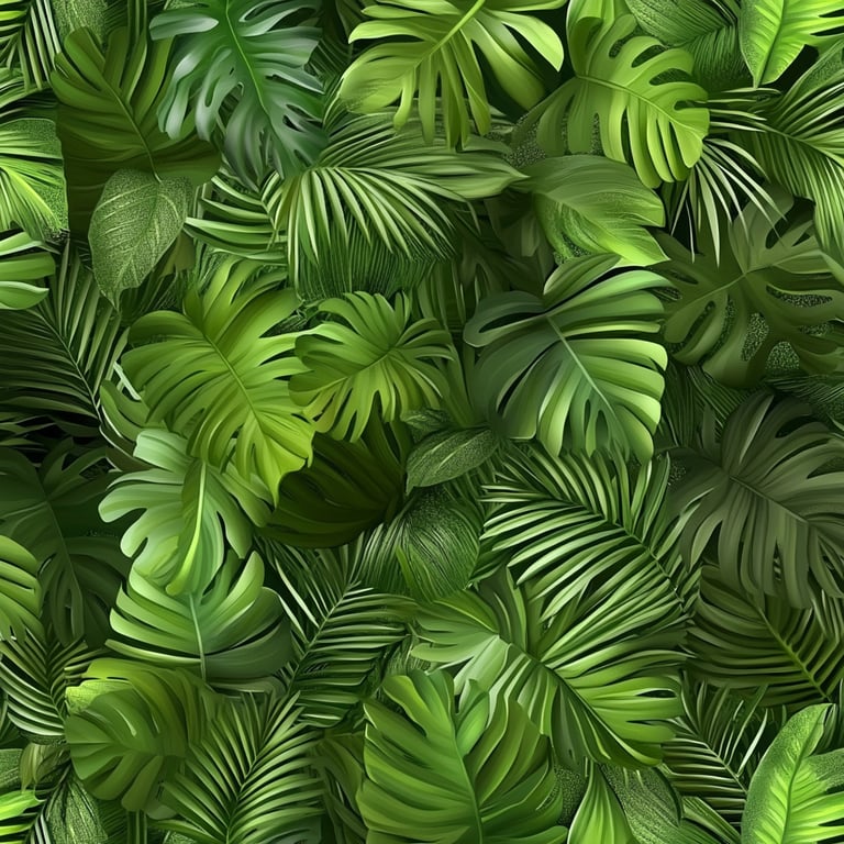 Tropical green leaves background featuring various shapes and sizes of lush foliage.