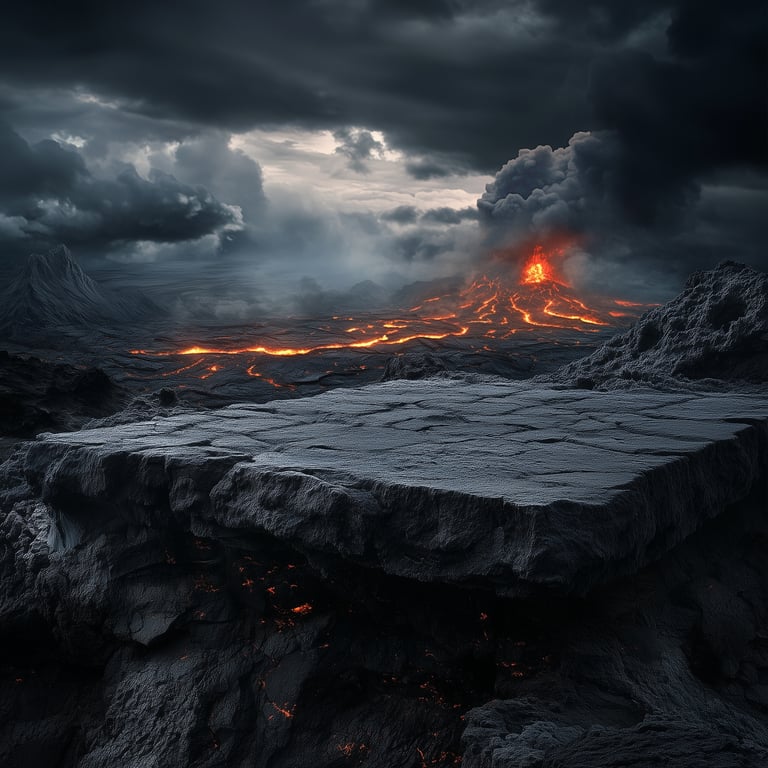 A volcanic landscape with glowing lava flows under dark, stormy clouds.