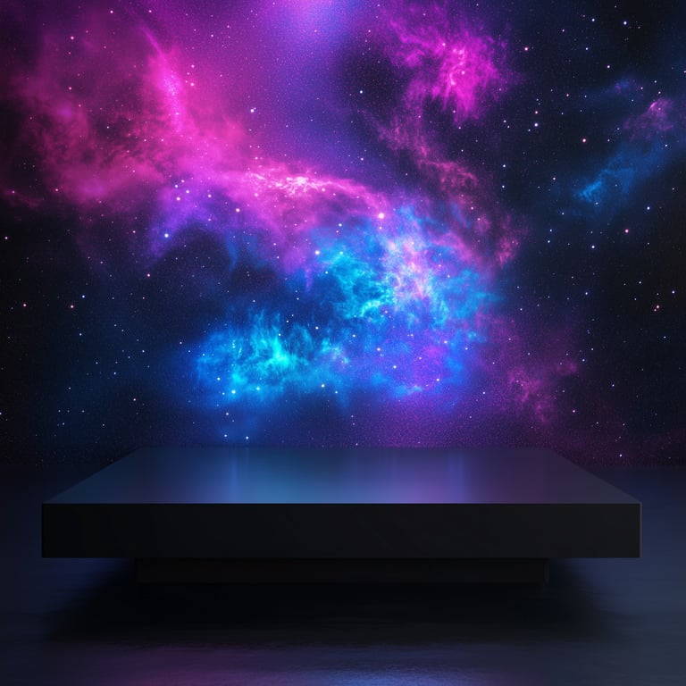 A dark floating platform with a vibrant, colorful nebula in the background.