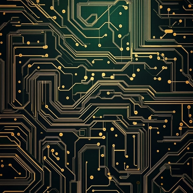 Close-up of a detailed gold and black computer circuit board.
