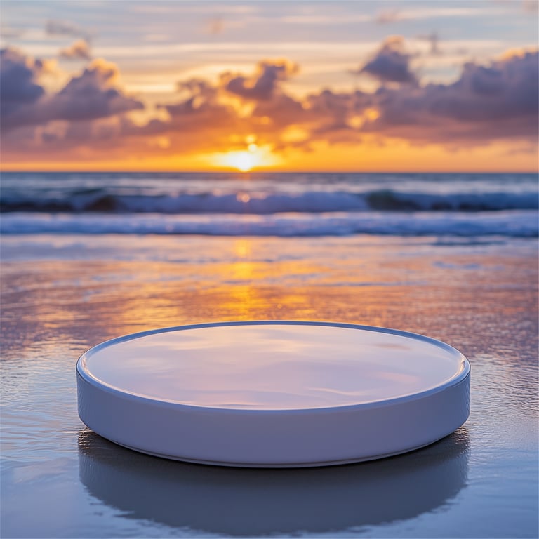 A round white object placed on a wet sandy beach with a colorful sunset and ocean waves in the background.