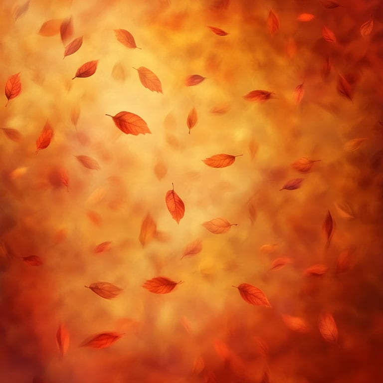 Autumn-colored leaves falling in front of a warm, blurred background.