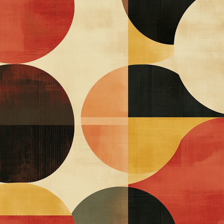 Geometric abstract pattern with overlapping circles and rectangles in red, yellow, black, and beige.