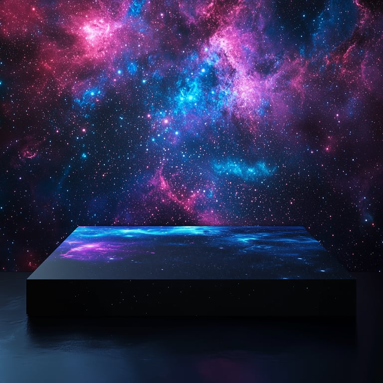Rectangular platform with a space-themed digital display, set against a backdrop of a vibrant starry nebula.