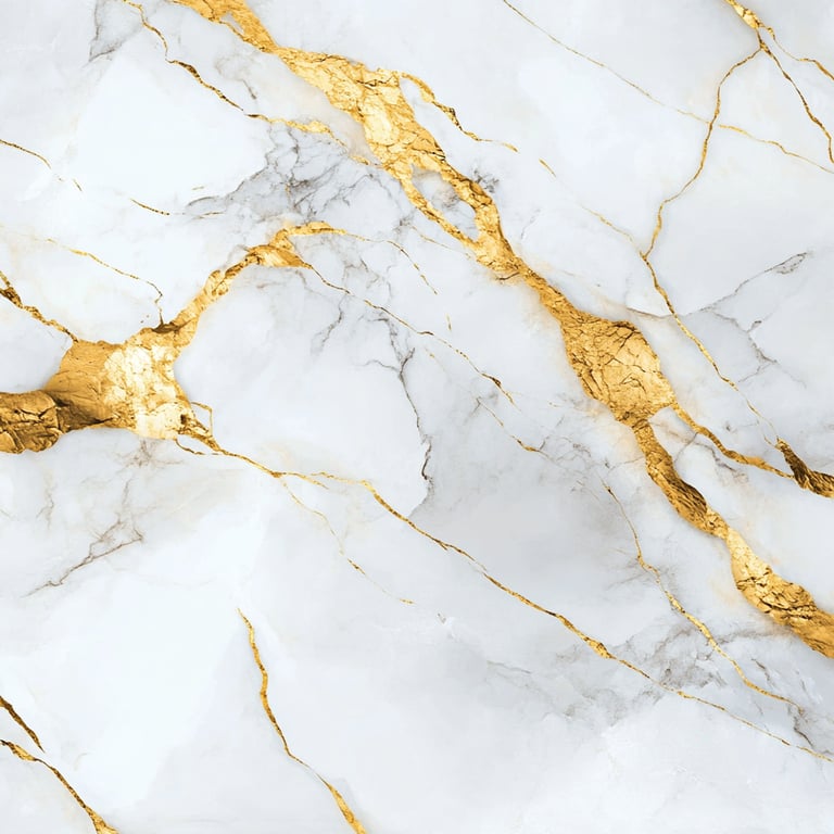 White marble surface with gold veins.