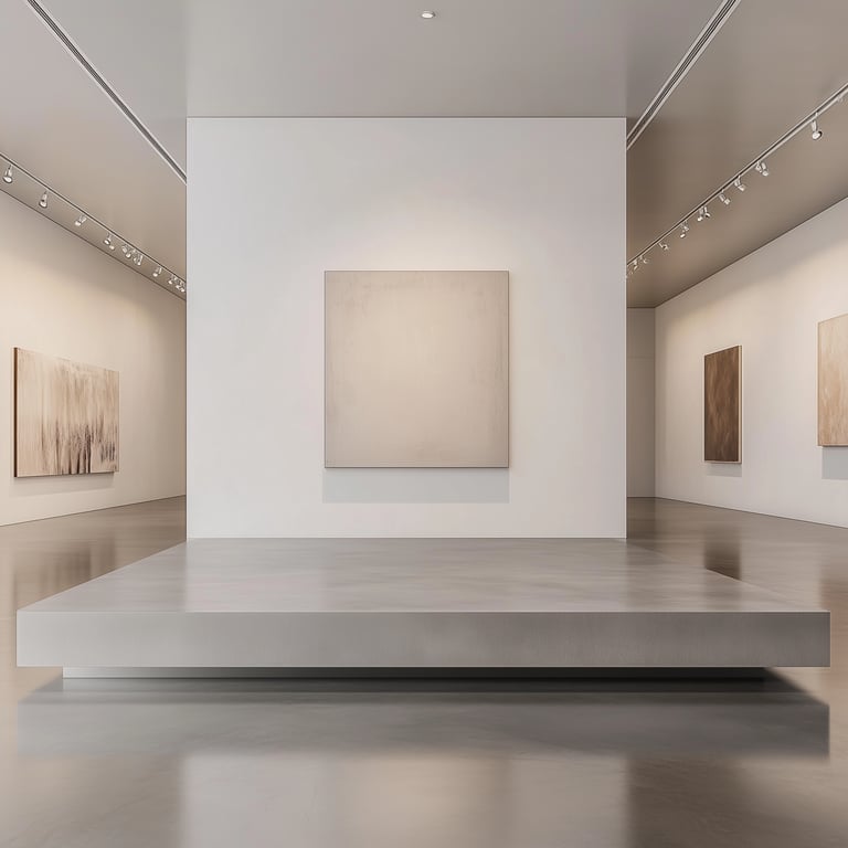 Minimalist art gallery with abstract paintings displayed on white walls and a central platform.