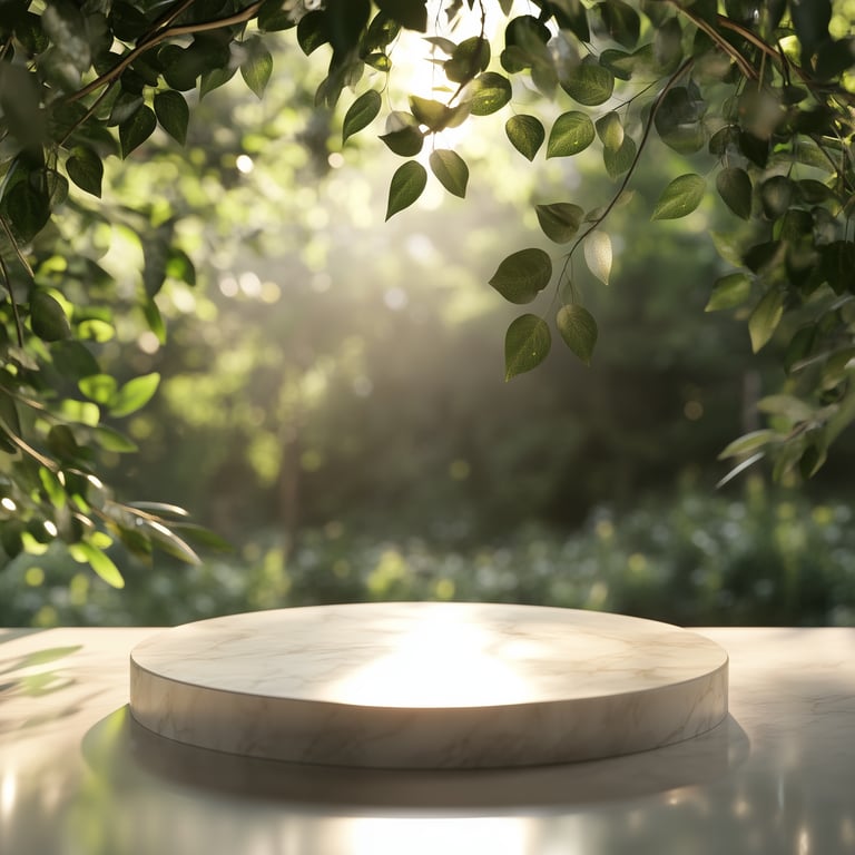 Marble platform beneath green leaves with sunlight filtering through.