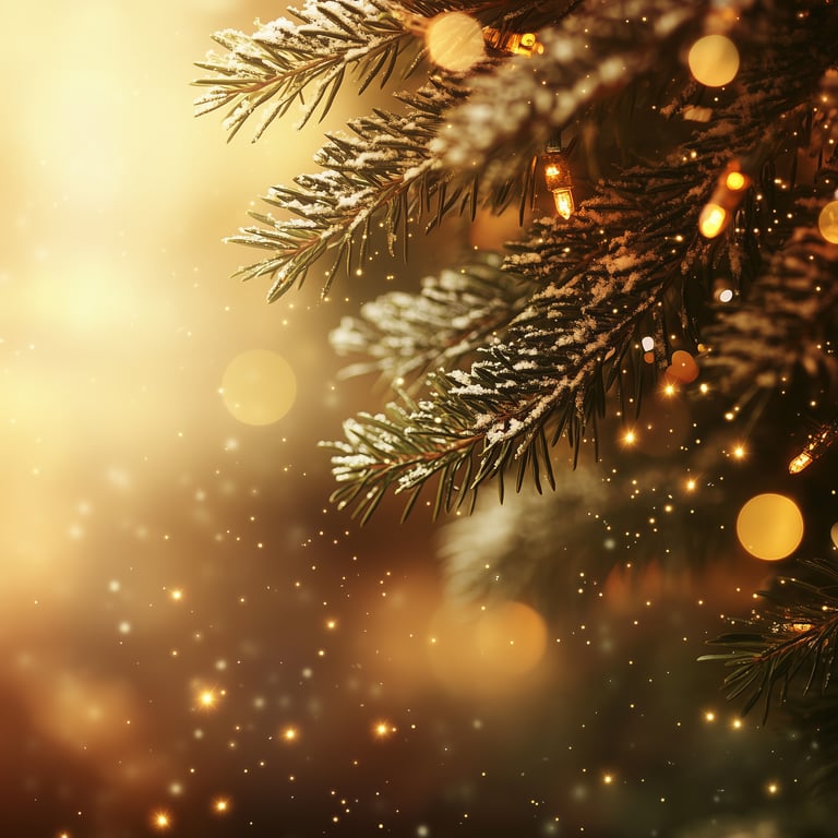 Close-up of a snow-dusted Christmas tree branch adorned with warm glowing lights, against a blurred, golden background with bokeh effects.