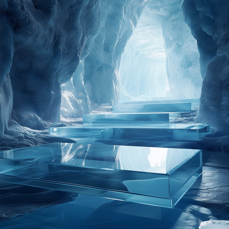 A surreal ice cave with reflective glass-like steps.