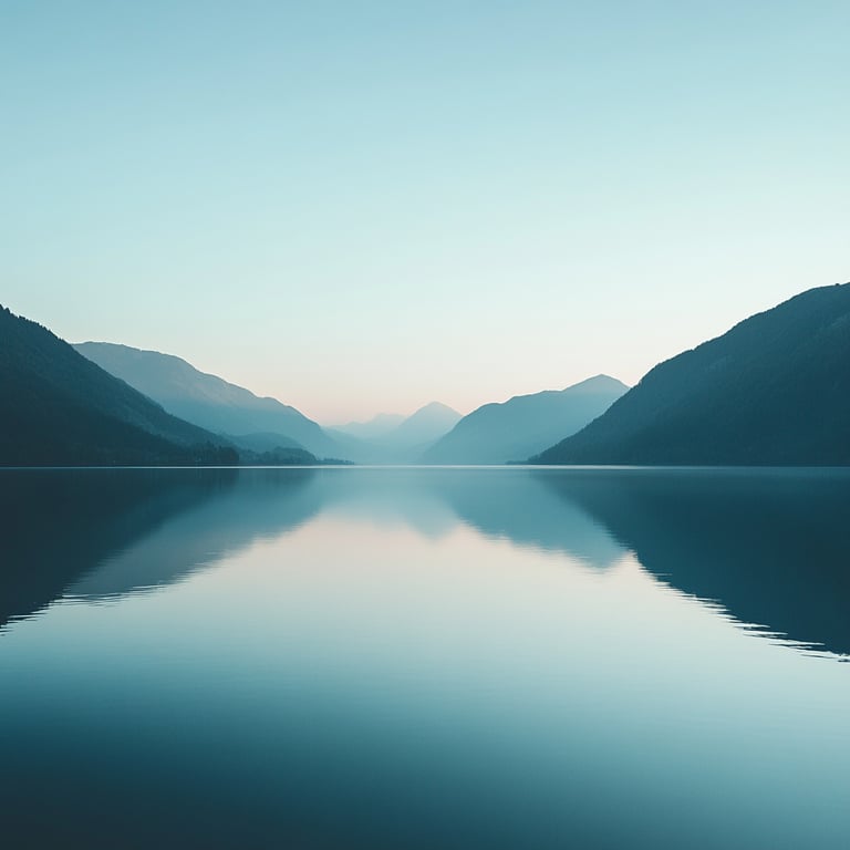 Calm lake surrounded by mountains with a reflection on the water under a clear sky.