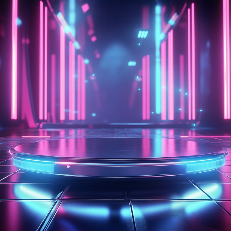Futuristic, neon-lit platform with blue and pink lights in dark room.