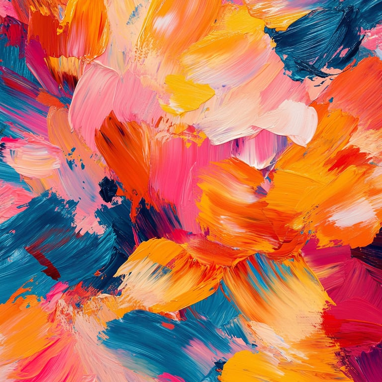 Abstract painting with vibrant, bold strokes of blue, orange, pink, and yellow.