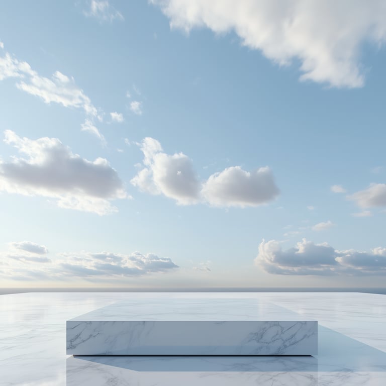 Marble platform on reflective surface with a clear sky and scattered clouds in the background.