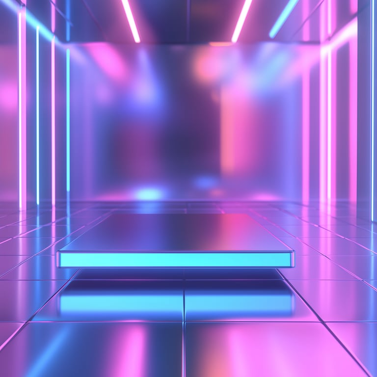 A futuristic, neon-lit room with pink, purple, and blue lighting, featuring a central floating platform on a reflective floor.