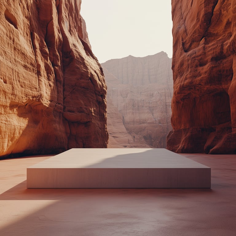 Minimalist platform in a sunlit red-rock canyon.