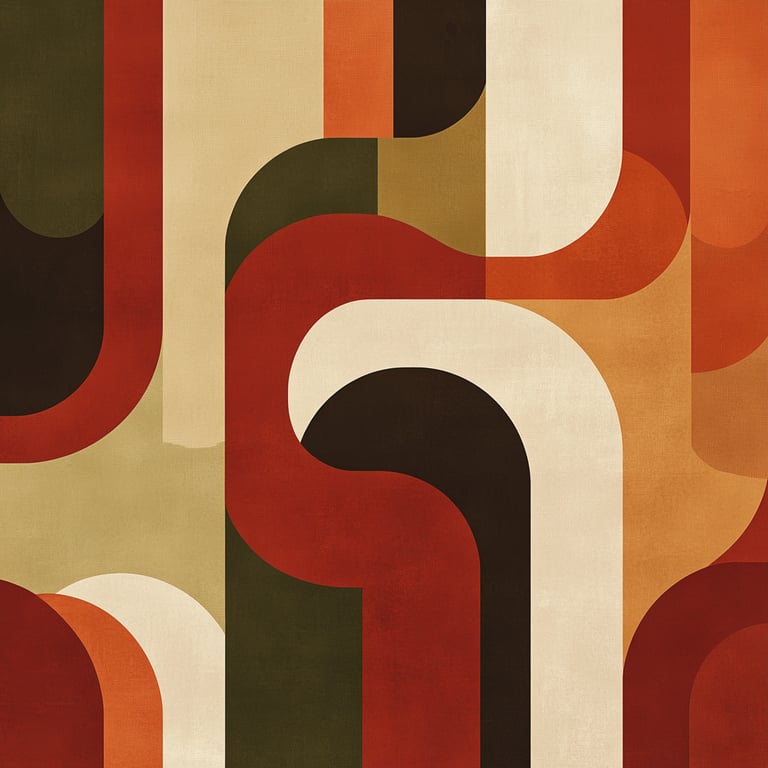 Abstract geometric pattern with curved shapes in red, green, beige, and black colors.