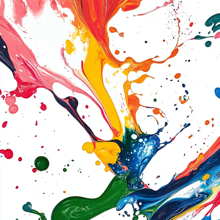 Abstract painting with vibrant splashes of red, orange, yellow, green, blue, and black on a white background.