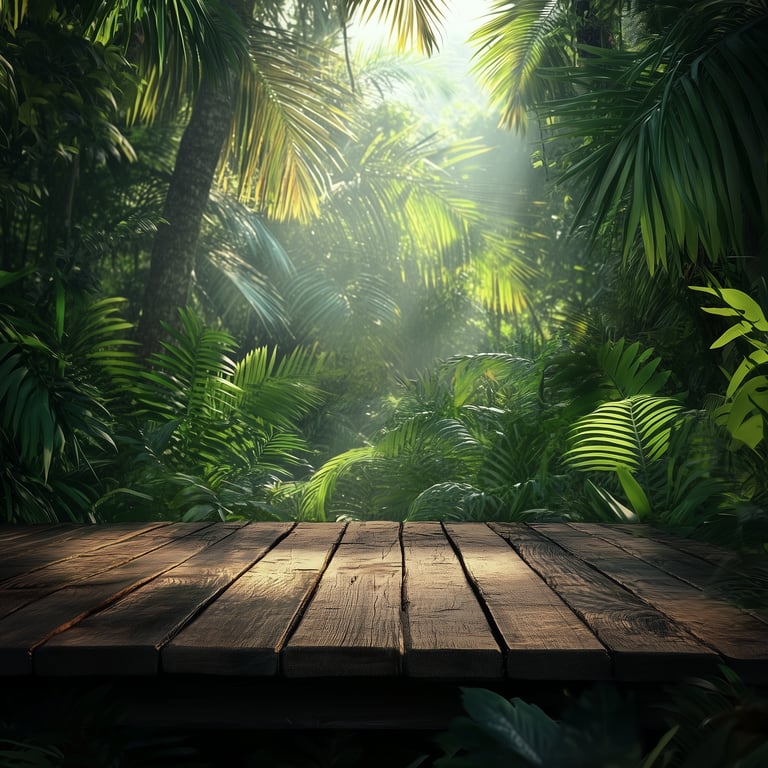 Sunlight streaming through lush, green tropical jungle foliage with a wooden deck in the foreground.