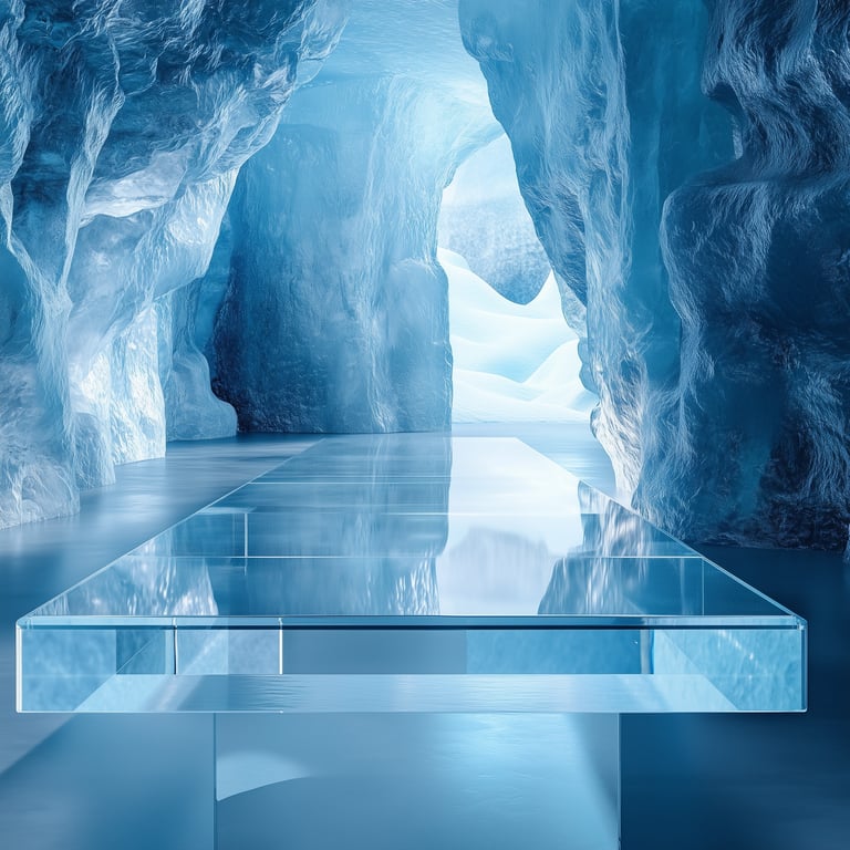 A glass walkway inside an ice cave with blue icy walls and natural light coming through the entrance.