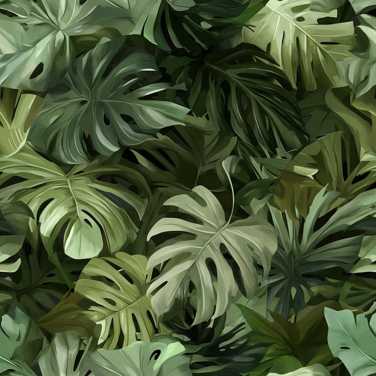 A dense collection of green monstera leaves.