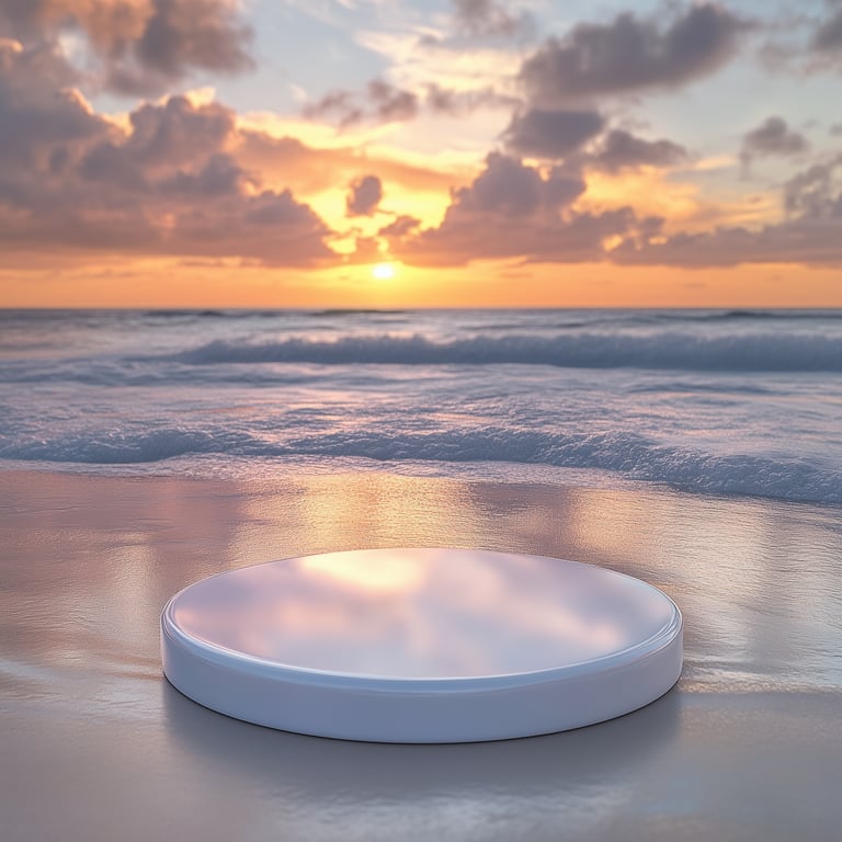 Round white platform on beach at sunset with waves in the background.