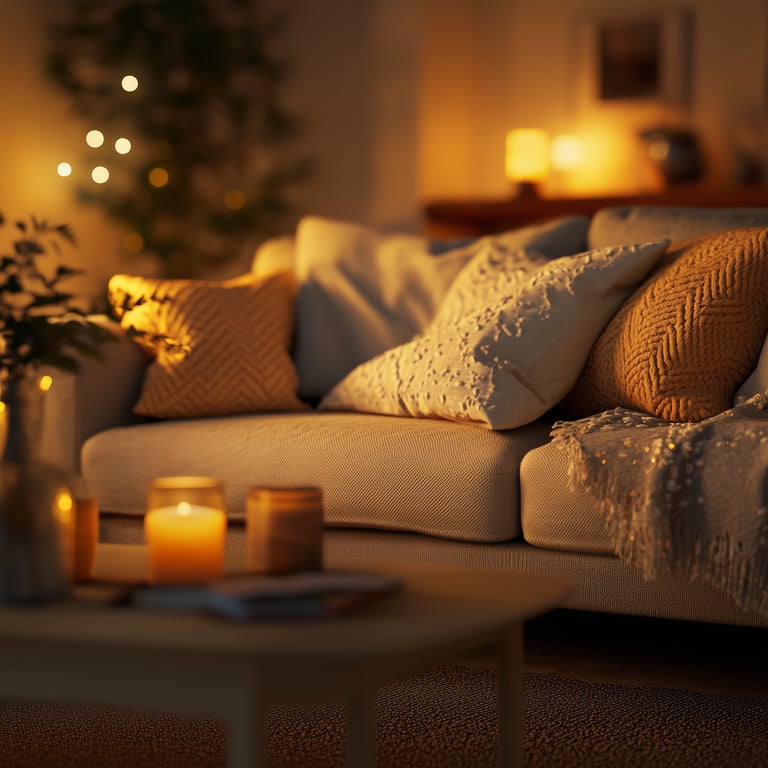 Cozy living room scene with a beige sofa, decorative pillows, a coffee table with candles, and soft ambient lighting.