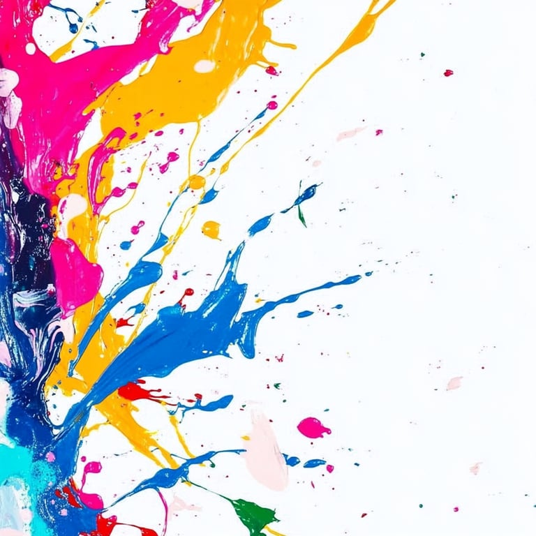 Abstract painting with vibrant splashes of pink, yellow, blue, and green on a white background.