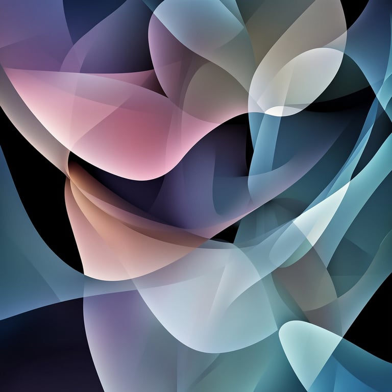 Abstract digital art with overlapping, translucent shapes in pastel shades of pink, blue, and green on a dark background.