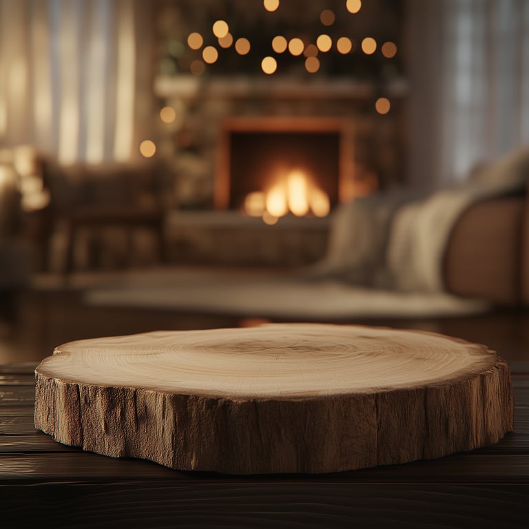 A wooden slab on a table with a blurred cozy living room featuring a fireplace and bokeh lights in the background.