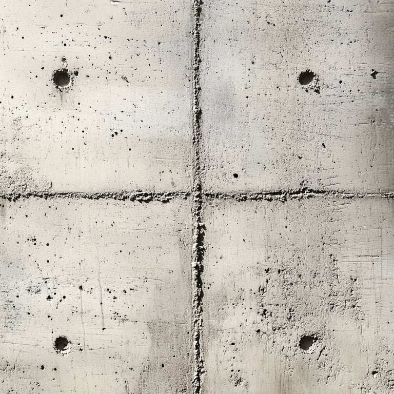 Concrete wall with four large panels, visible seams, and a few round holes.